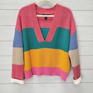 Forever 21 Rainbow Bright Multi-Colored Striped Chunky V-Neck Sweater Size S